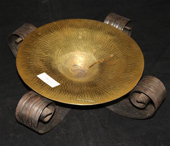 Guardere. A planished brass and wrought iron centrepiece bowl, width 12.5in.